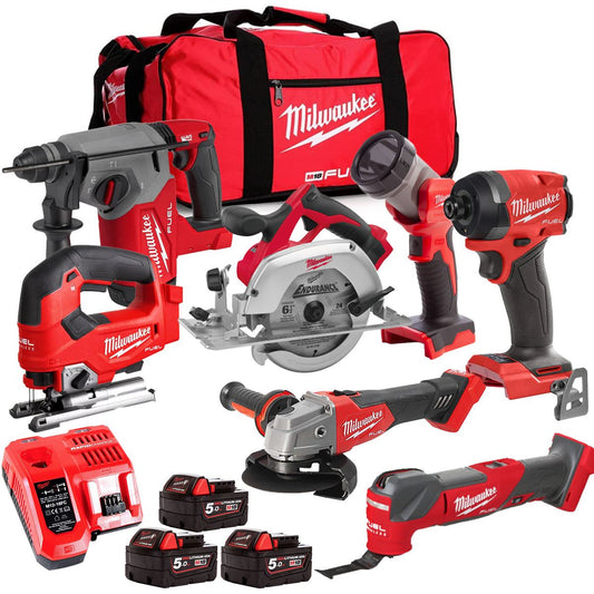 Milwaukee M18FPP6L3-503BK14 18V 7 Piece Tool Kit with 3 x 5.0Ah Batteries Charger & Wheeled Bag