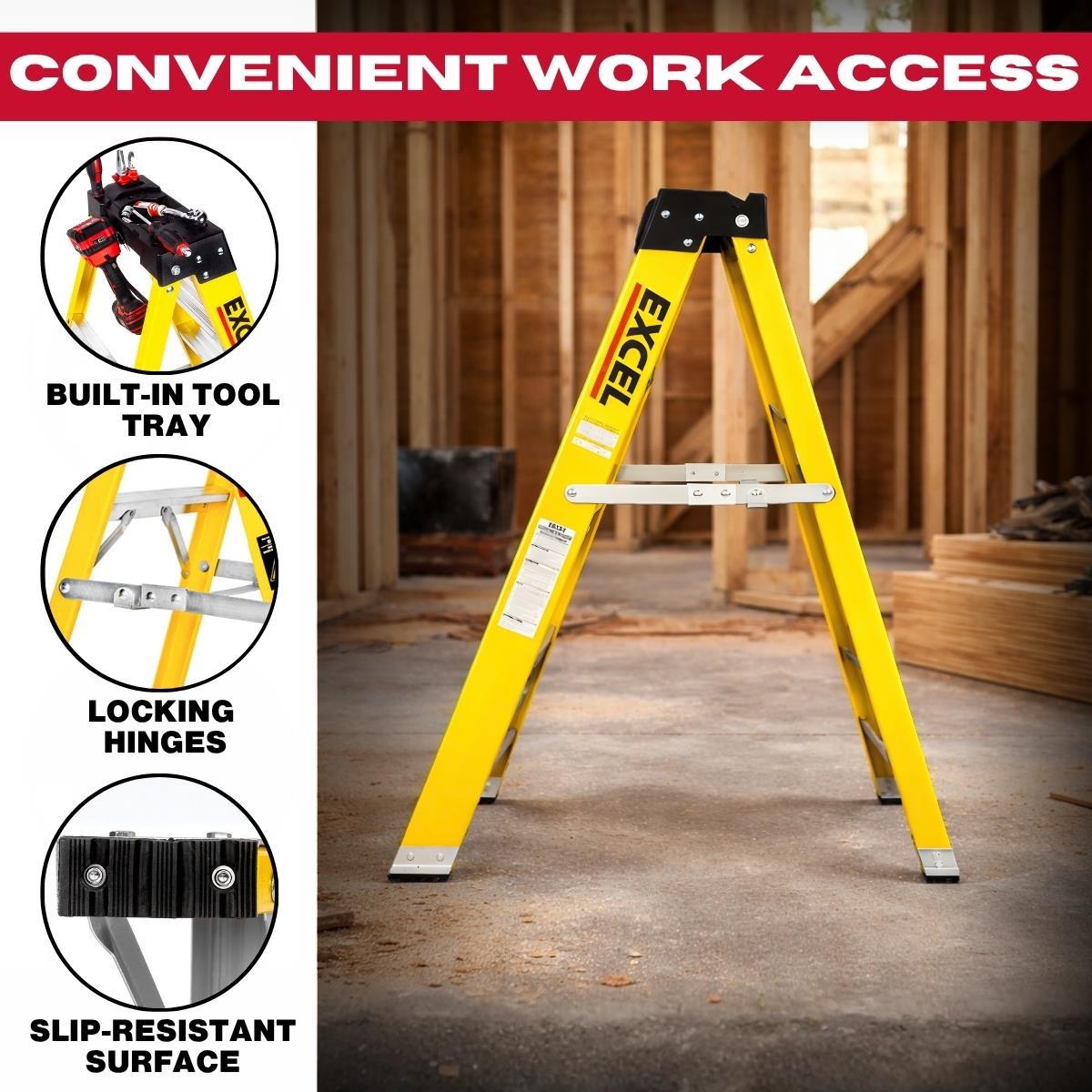 Excel Heavy Duty Fibreglass 4 Tread Ladder with 3 Step Hop Up Ladder
