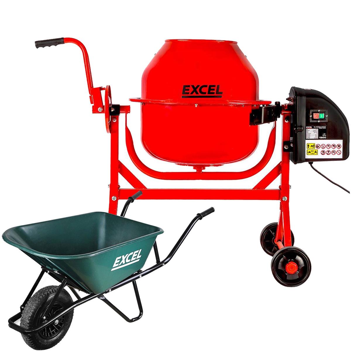 Excel 70L Portable Cement Concrete Mixer 240V/220W with Wheels & 100L Wheelbarrow Green HDPE Tray