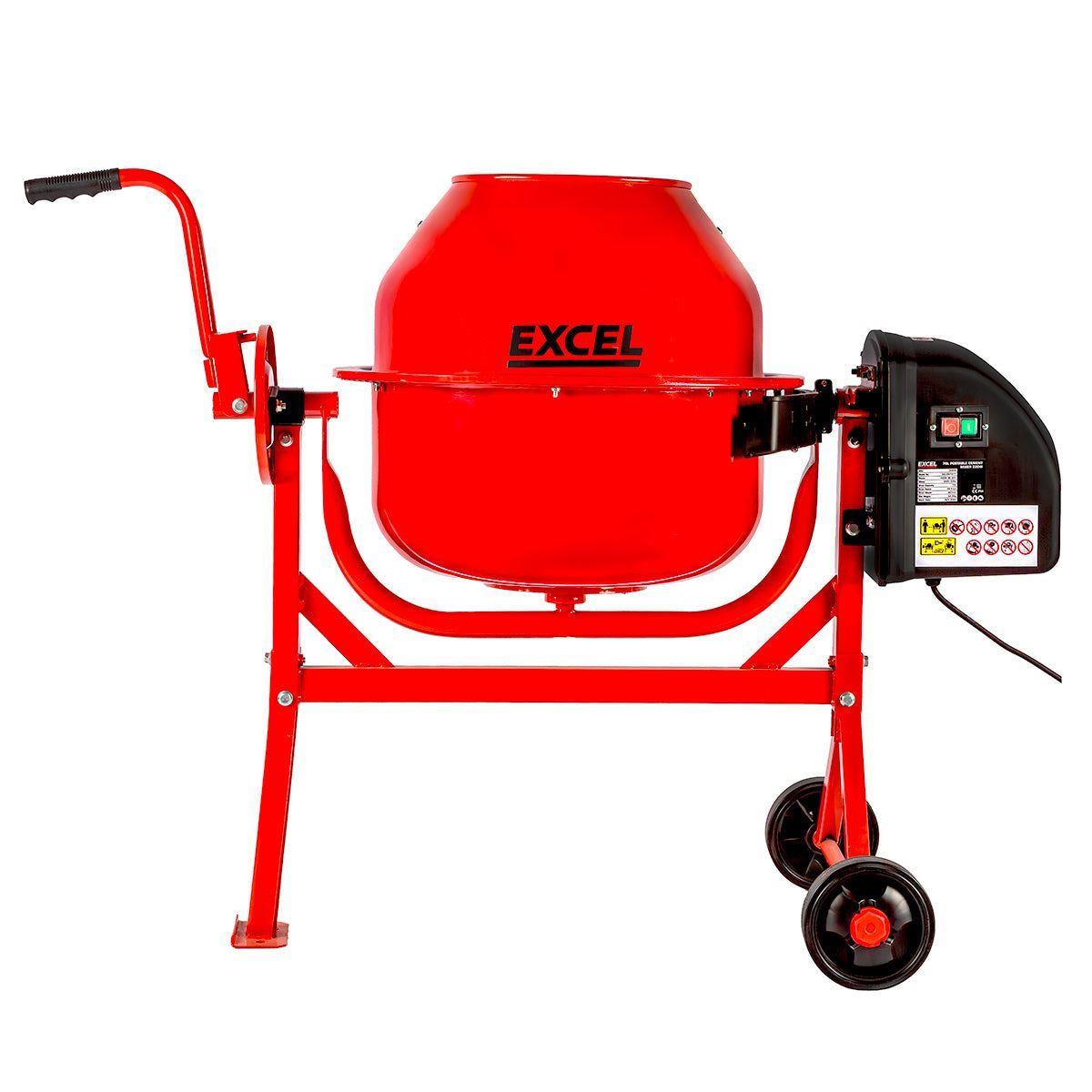 Excel 70L Portable Cement Concrete Mixer 240V/220W with Wheels & 100L Wheelbarrow Chrome Plated Frame