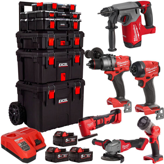 Milwaukee 18V 6 Piece Tool Kit with 3 x 5.0Ah Battery & Trolley Toolbox