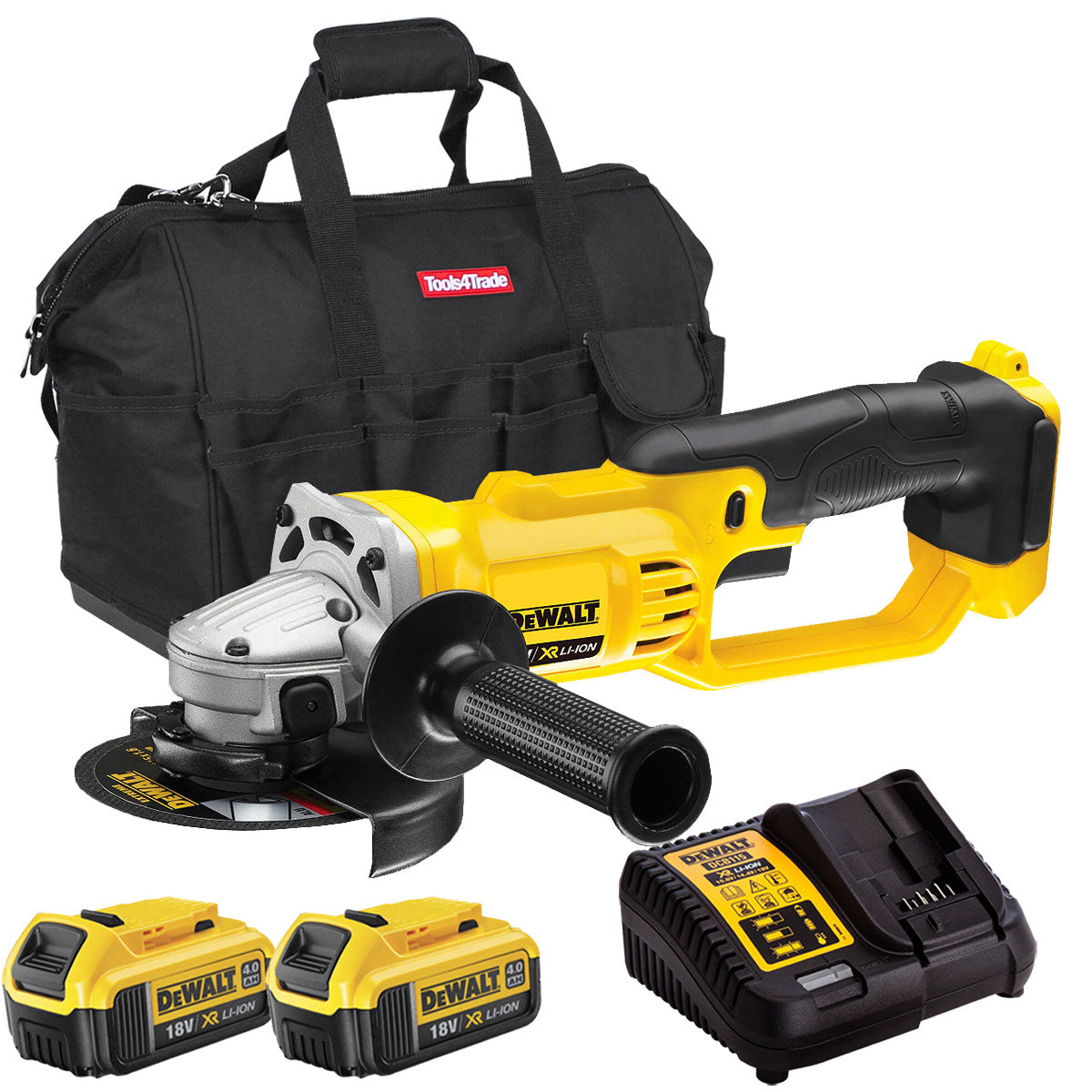 DeWalt DCG412N 18V 125mm Angle Grinder with 2 x 4.0Ah Batteries & Charger in Bag