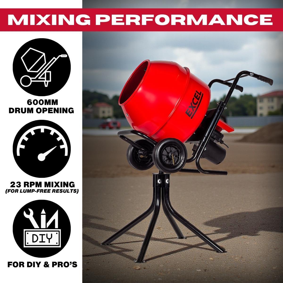 Excel 134L Portable Cement Mixer 240V/370W with Wheels & 100L Wheelbarrow Green HDPE Tray