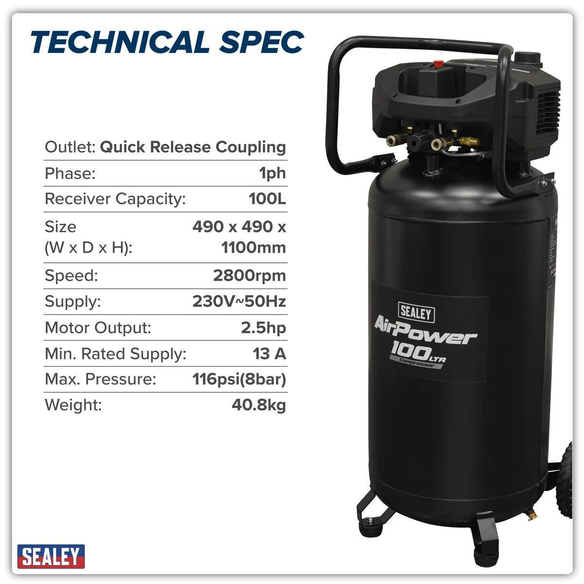 Sealey SAC100V 100L Oil Free Belt Drive Vertical Compressor 2.5hp & 230V/13A