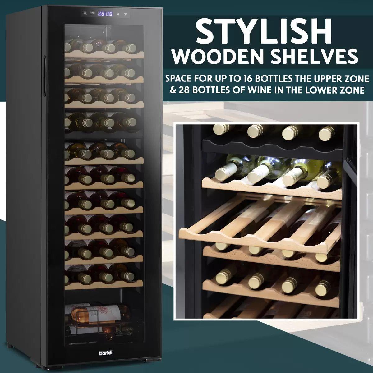 Sealey DH92 Baridi 44 Bottle Dual Zone Wine Fridge with Digital Touch Screen Controls & LED Light Black 230V