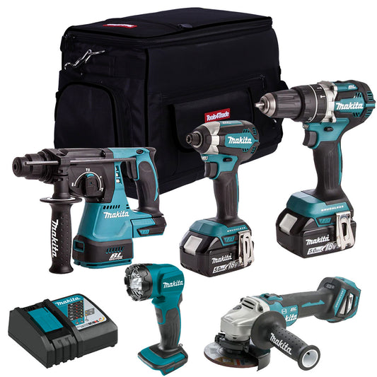 Makita 18V Brushless 5 Piece Cordless Kit 2 x 5.0Ah Batteries & Charger T4TKIT-832