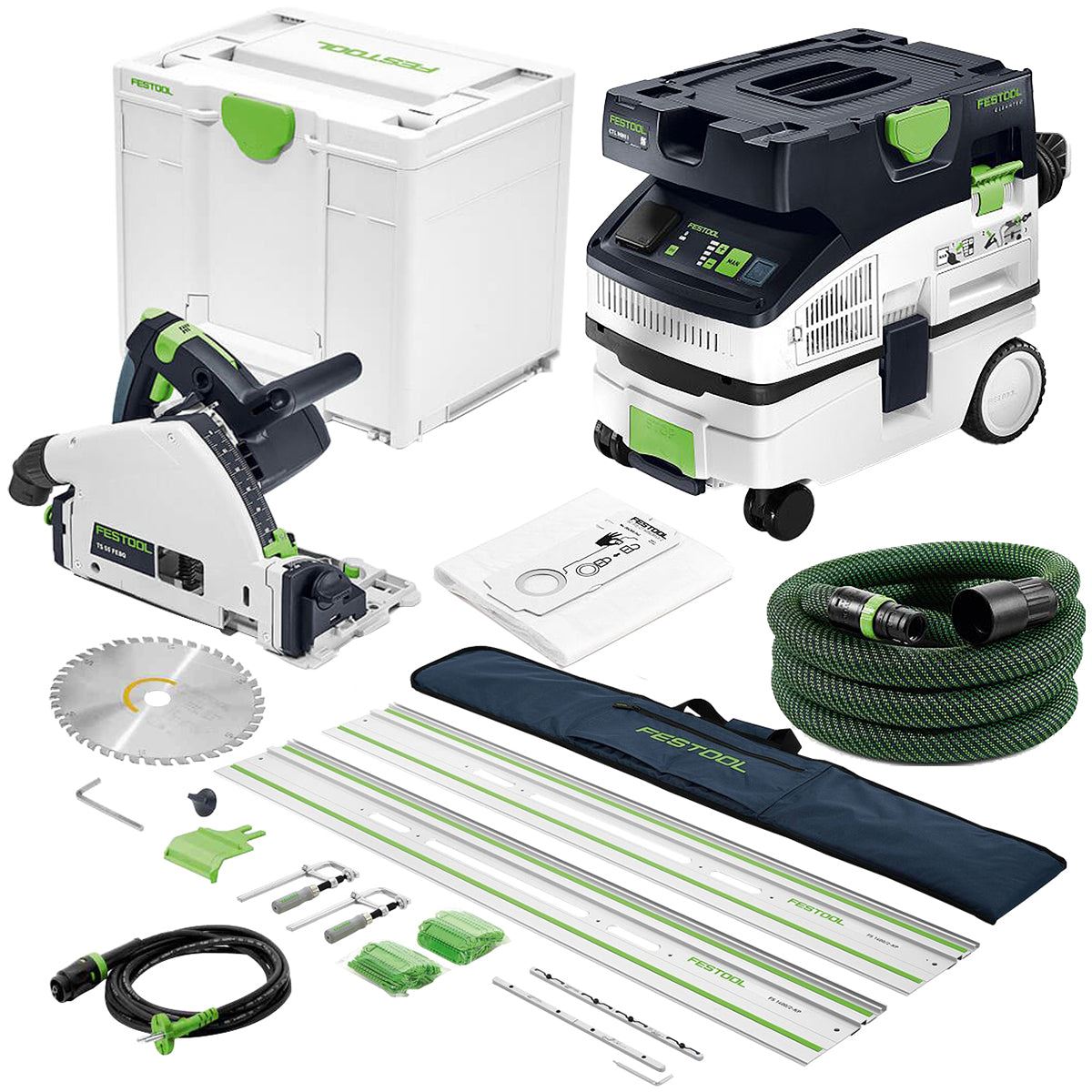 Festool TS 55 FEQ-Plus 110V GB 160mm Plunge-Cut Saw - 576707 With Guide Rail Kit Set 577932 & Dust Extractor 578314