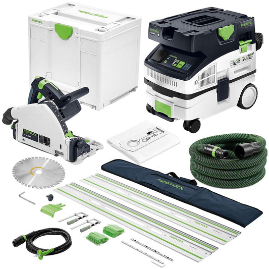 Festool TS 55 FEQ-Plus 110V GB 160mm Plunge-Cut Saw - 576707 With Guide Rail Kit Set 577932 & Dust Extractor 578314