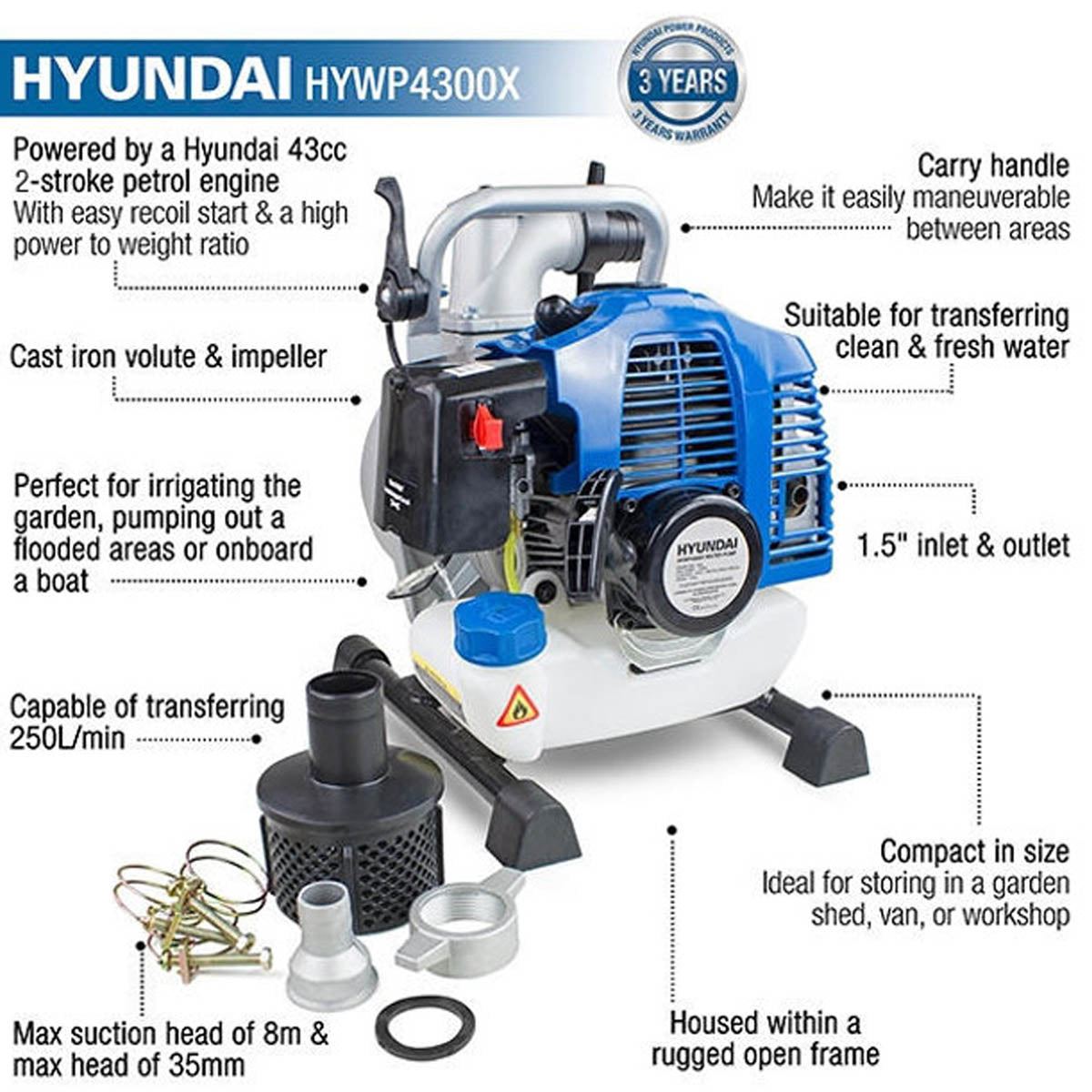 Hyundai HYWP4300X 35mm Petrol Clean Water Pump, Powerful 43cc 2-stroke & 250L/min Flow Rate