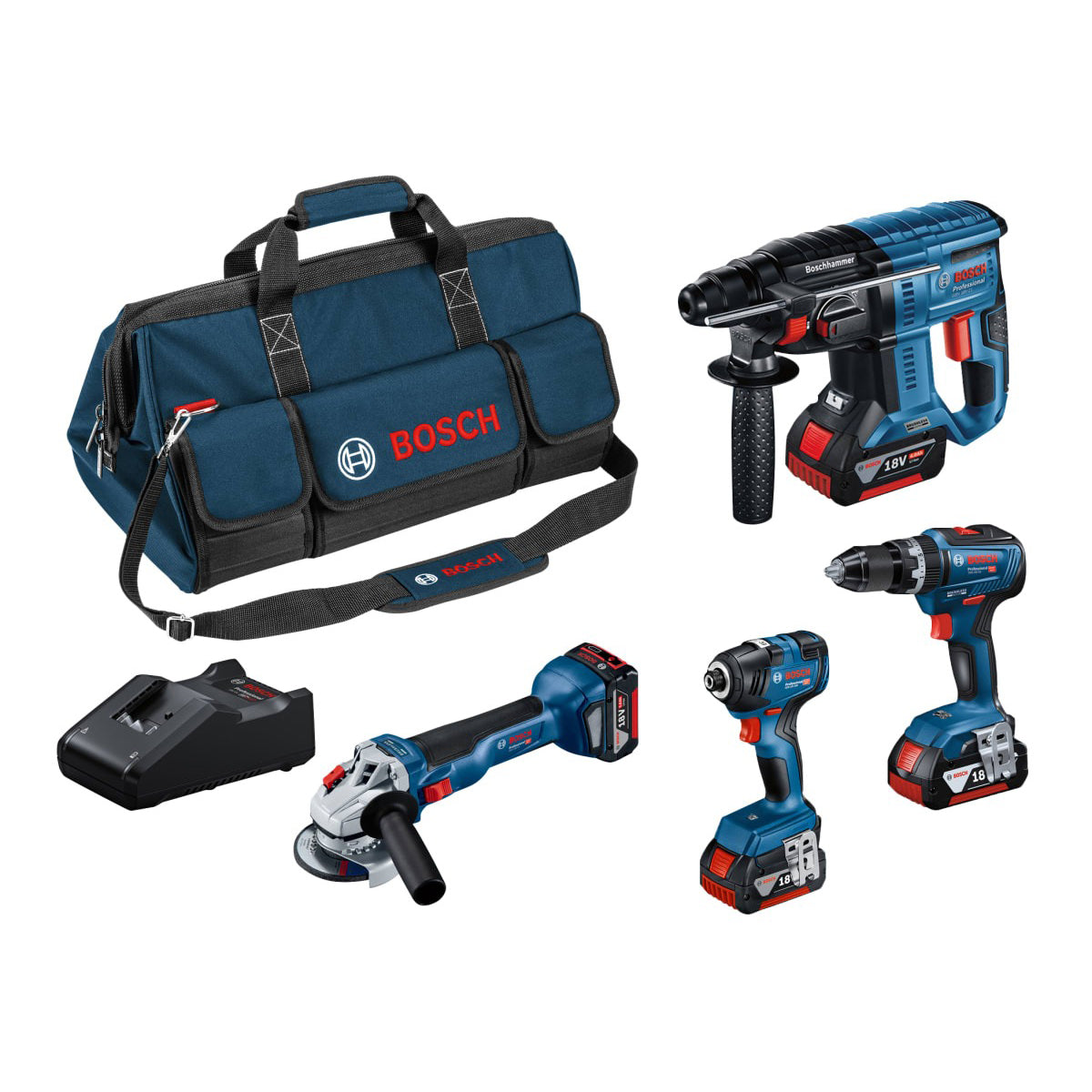 Bosch Power Cordless 4 Piece Professional Kit with 3 x 4.0Ah Batteries, Fast Charger & Bag 0615990M2B