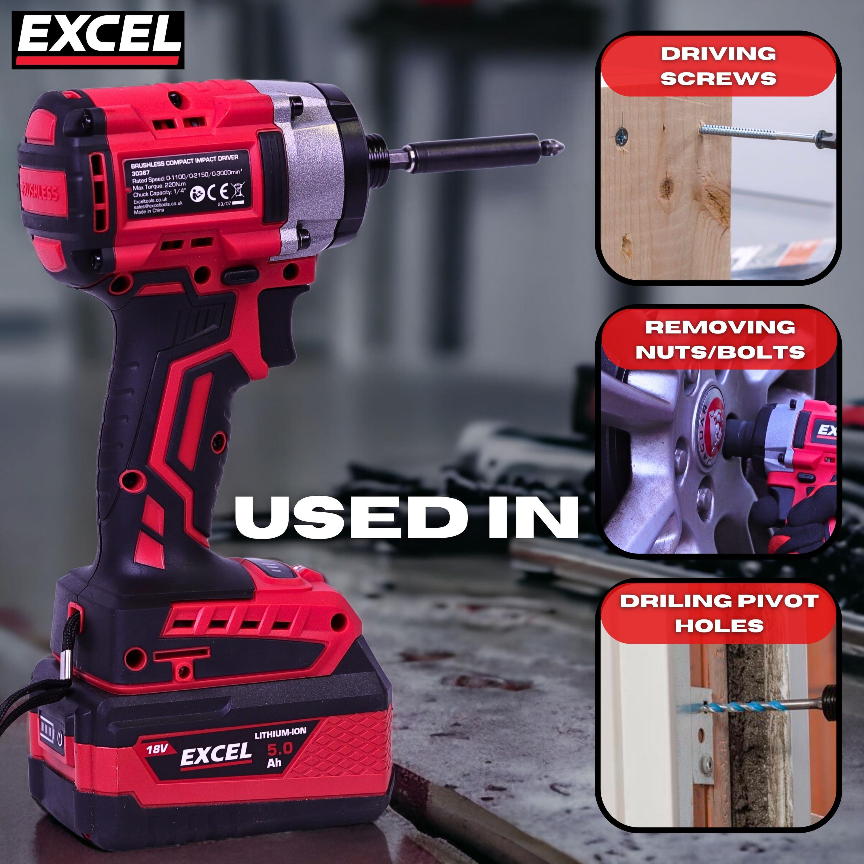 Excel 18V Brushless Twin Pack Impact Driver & Combi Drill with 2 x 5.0Ah Battery Charger