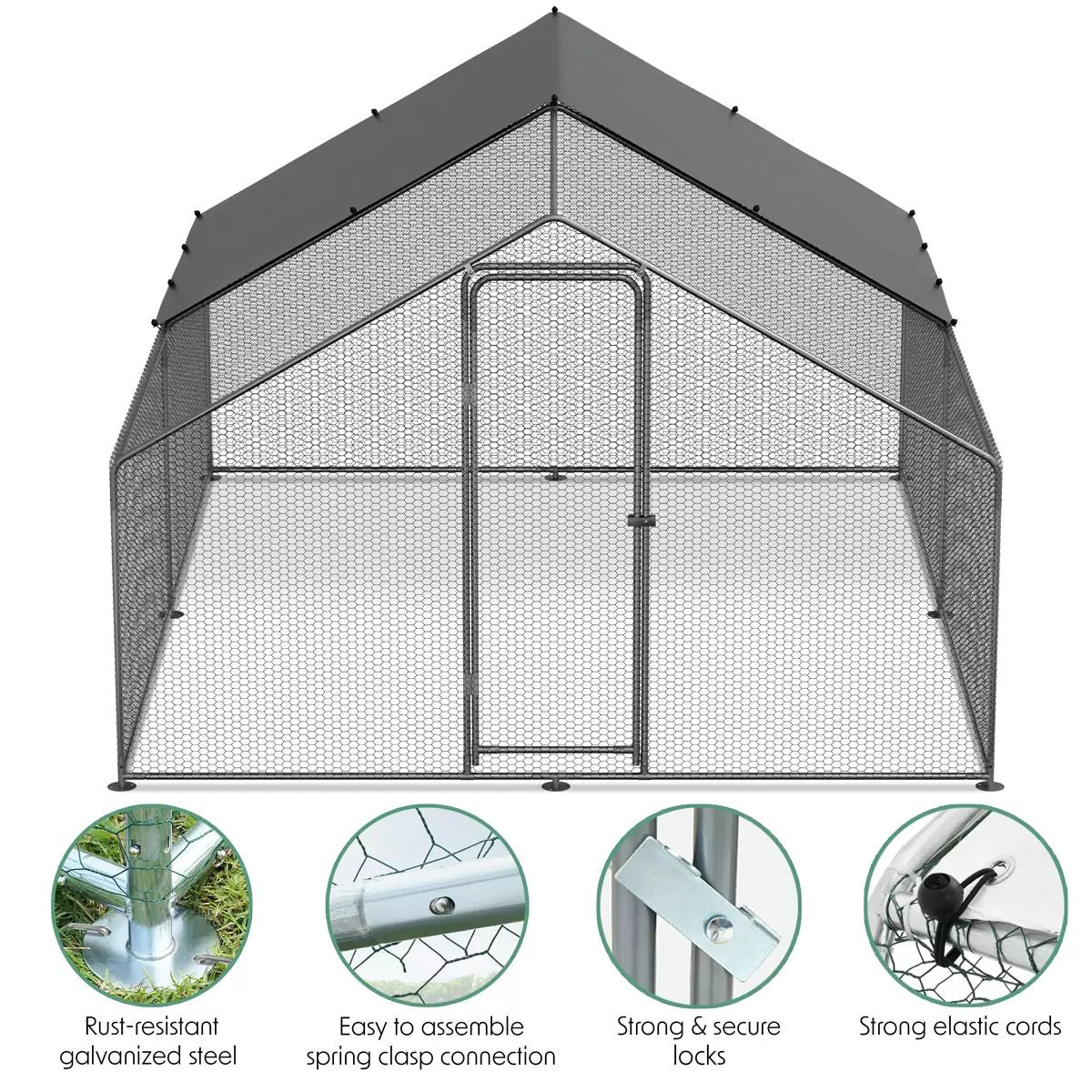 Dellonda DG279 3 x 4 x 2m Walk-In Chicken Run, Galvanized Steel, Roof Cover & PVC Coated Chicken Wire