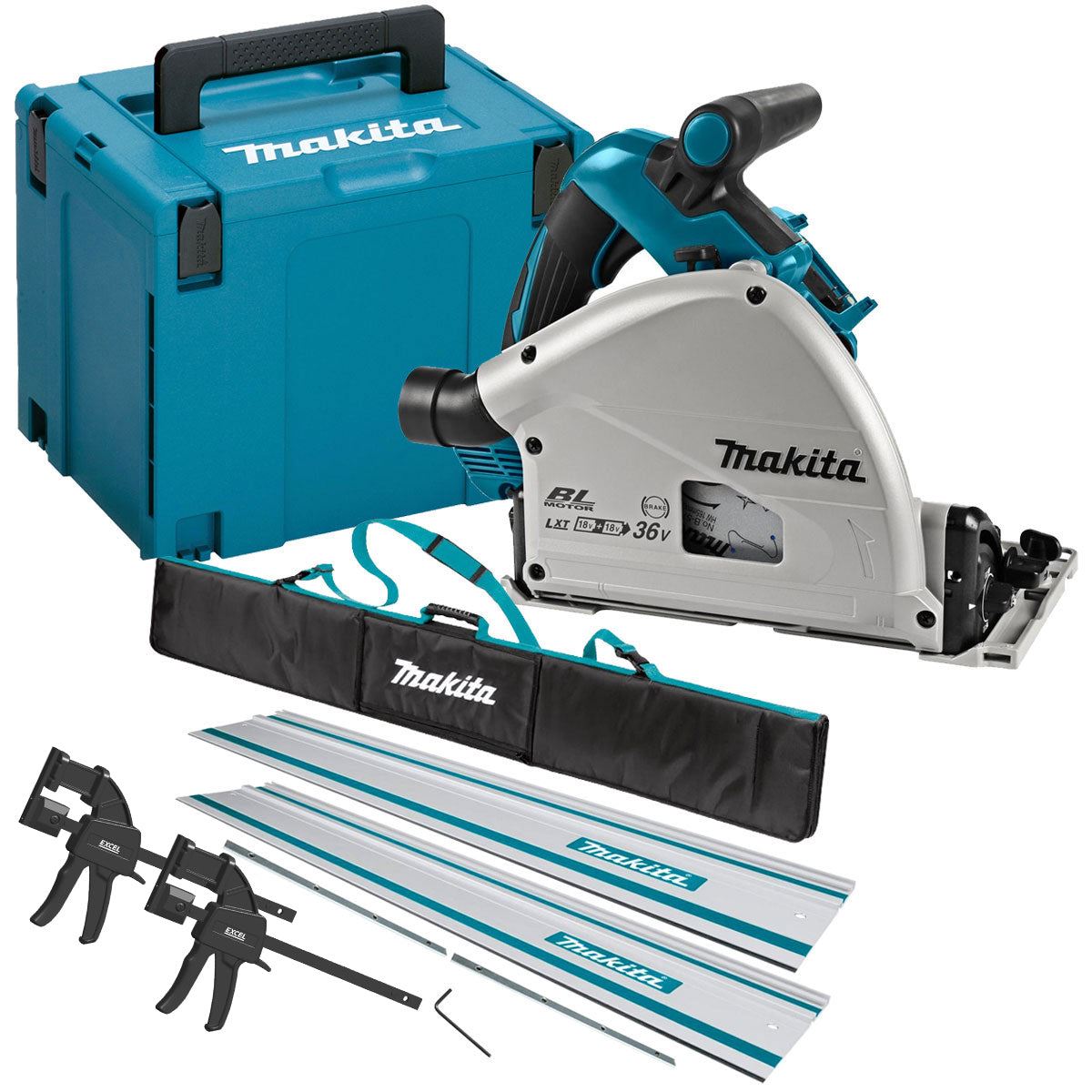 Makita DSP601ZJU 36V Brushless AWS Plunge Saw with 2 x Guide Rail, Clamp, Bag & Case