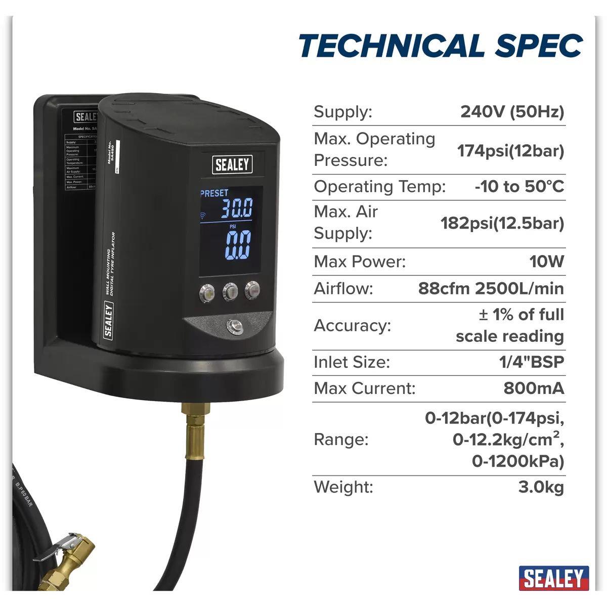 Sealey SA450 Wall Mounting Tyre Inflator Digital 230V/10W