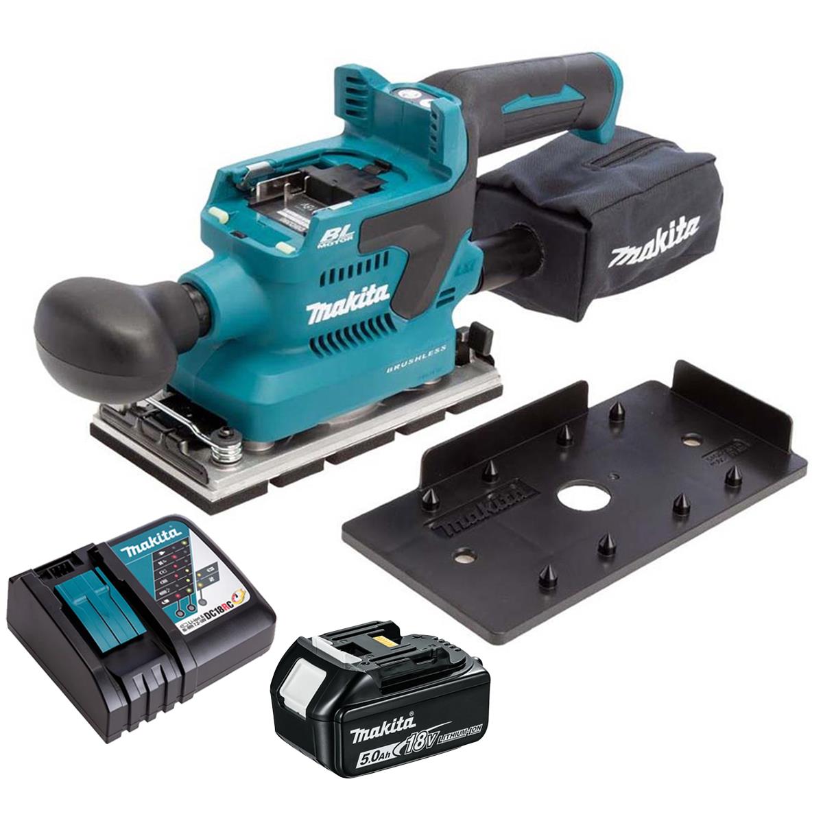 Makita DBO382Z 18V LXT Brushless Finishing Sander with 1 x 5.0Ah Battery & Charger
