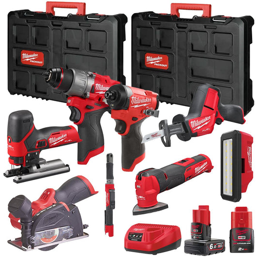 Milwaukee M12FPP7B2-630P 12V Fuel 8 Piece Powerpack Tool Kit with 1 x 6.0Ah & 2.0Ah Batteries, Charger & Case
