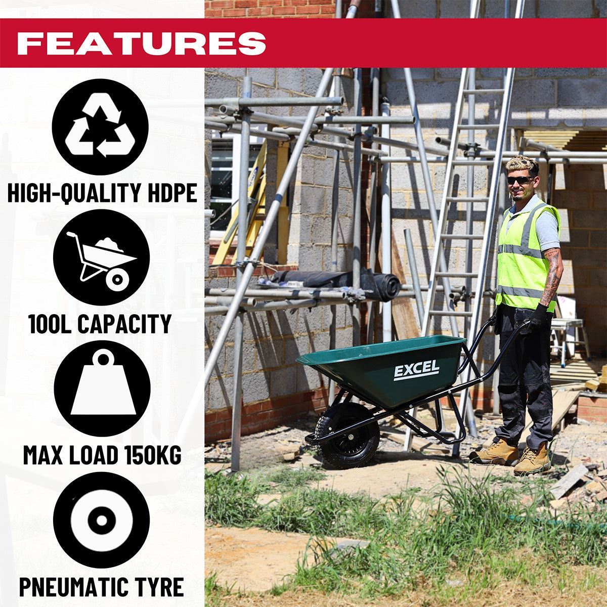 Excel Heavy Duty Green Wheelbarrow with 100L HDPE Tray