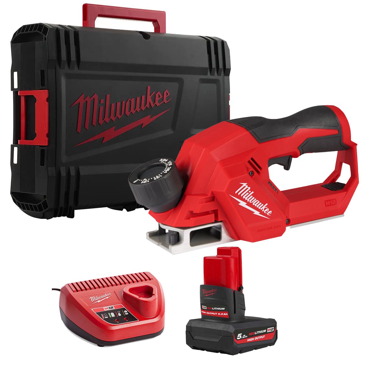 Milwaukee M12BLP-0X 12V Brushless 56mm Planer with 1 x 5.0Ah Battery Charger & Case