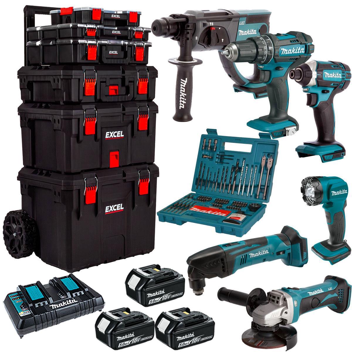 Makita 18V 6 Piece Power Tool Kit with 3 x 5.0Ah Batteries & 100 Accessory Set & Trolley Toolbox