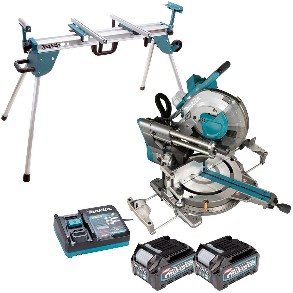 Makita LS003GD201 40V Max XGT Brushless Slide Mitre Saw With 2 x 2.5Ah Batteries, Charger & Adjustable Leg Stand
