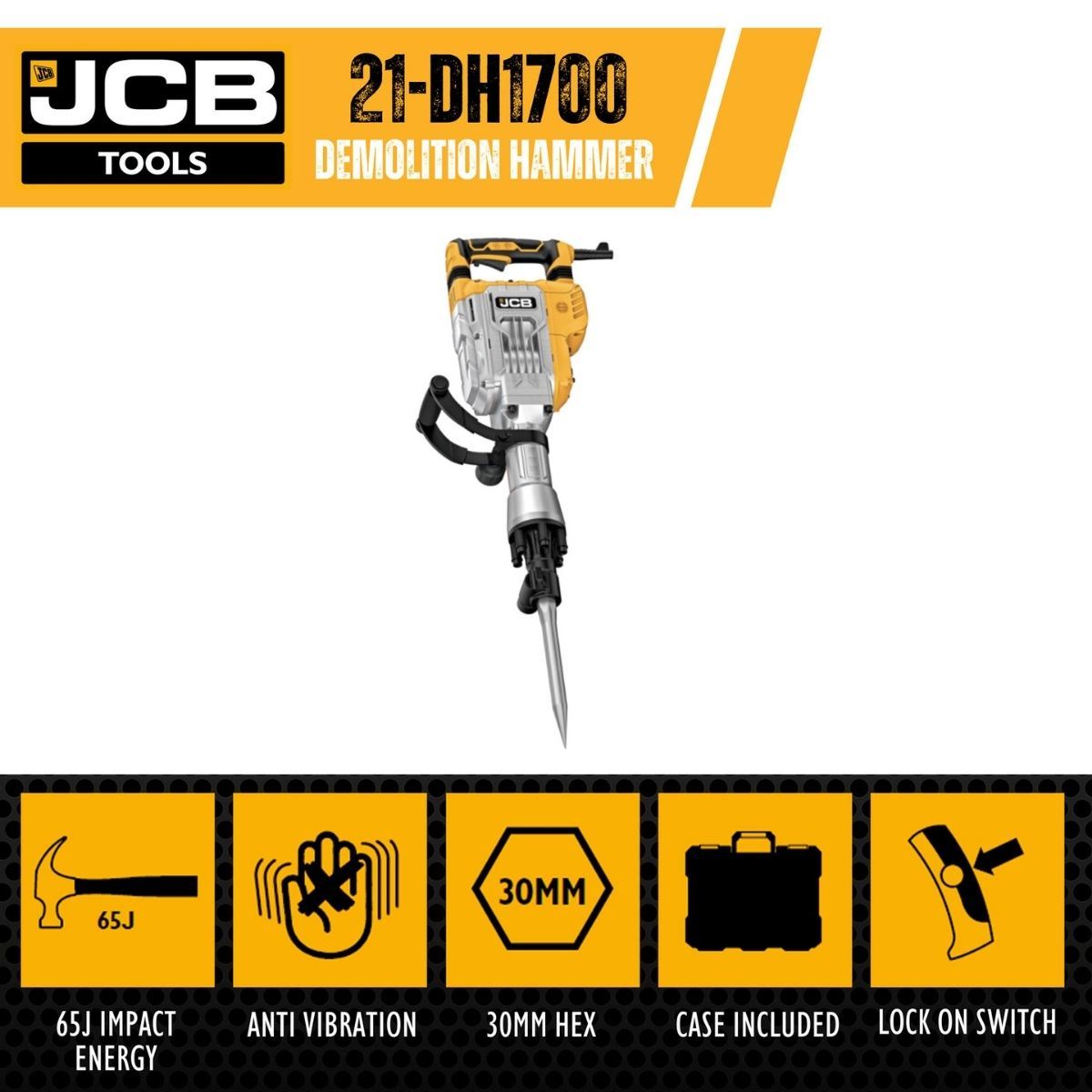 JCB 21-DH1700 30mm HEX Demolition Hammer Breaker Chisel 240V/1700W
