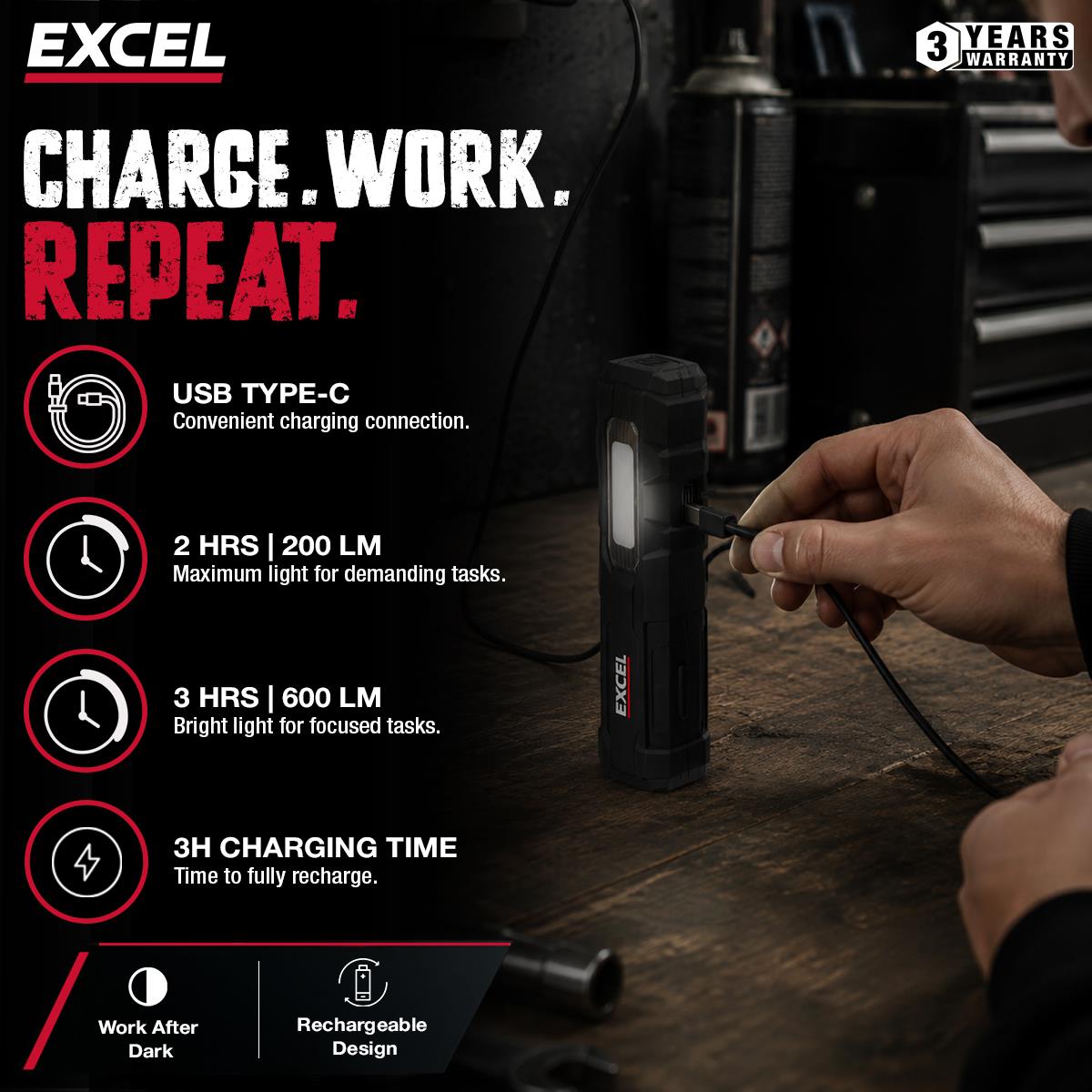 Excel 600 Lumens LED Rechargeable Magnetic Handheld Work Light with Red Laser