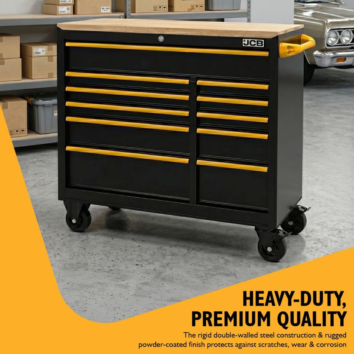 JCB JCBRCBB Classic Design 42 Inch Roller Tool Cabinet, 11 Drawers, Steel with Hardwood Worktop