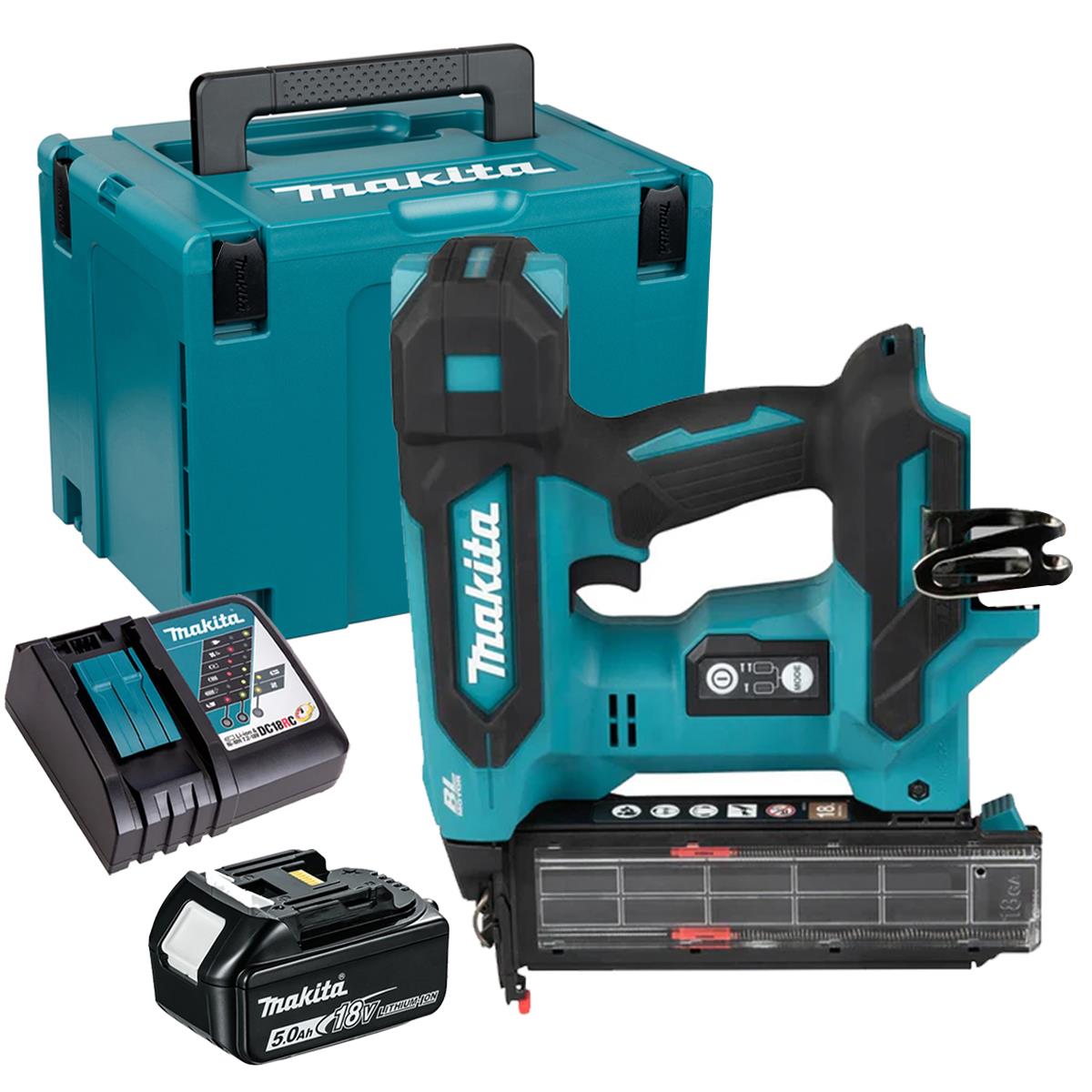 Makita DBN501ZJ 18V Brushless 18G Brad Nailer with 1 x 5.0Ah Battery Charger & Case