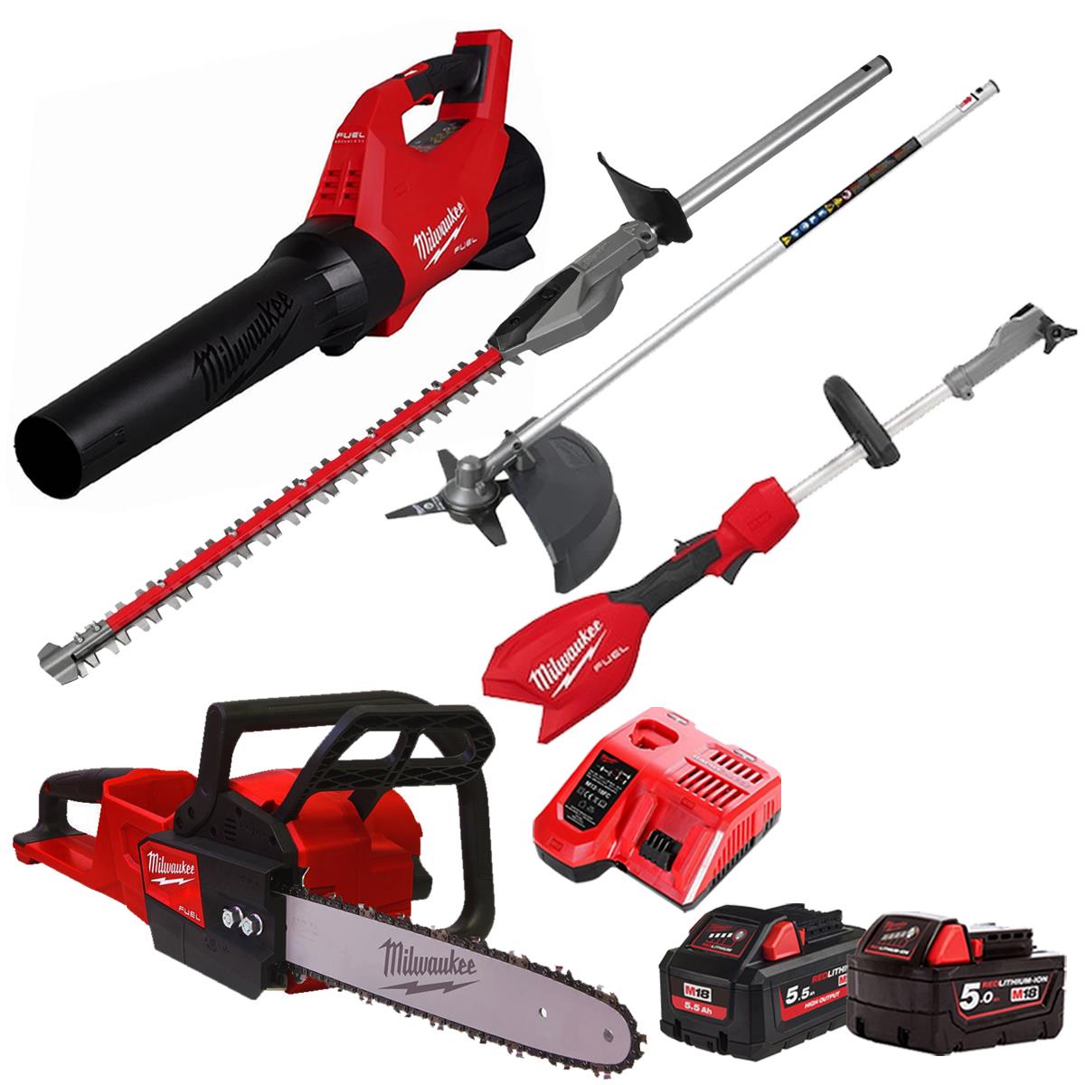 Milwaukee M18 18V 3 Piece Gardening Tool Kit with Hedge Trimmer & Brush Cutter Attachment 2 x Batteries & Charger T4TKIT-29515