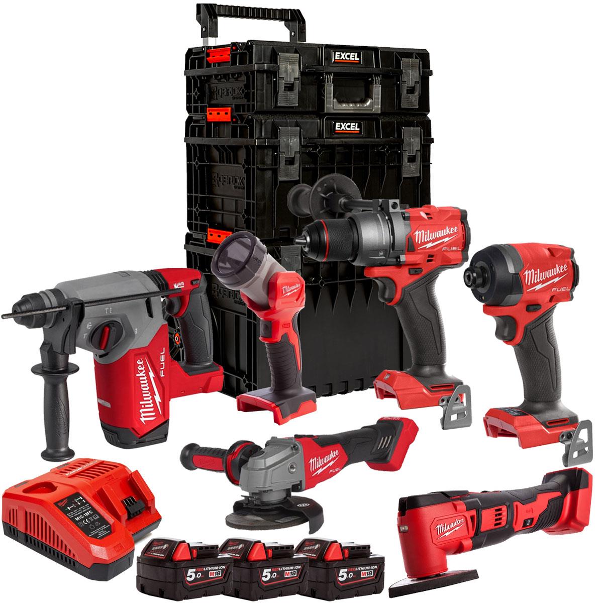 Milwaukee M18FPP6T4-503EB 18V 6 Piece Tool Kit with 3 x 5.0Ah Battery, Charger & 3 Piece Modular Tool Box