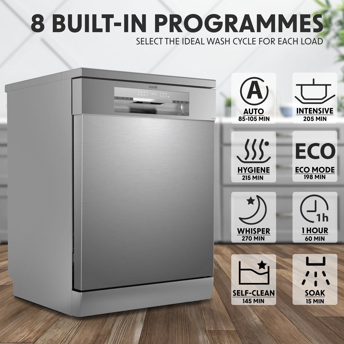 Sealey DH167 Baridi Regular Sized Freestanding Dishwasher 60cm Wide 14 Place Settings Silver