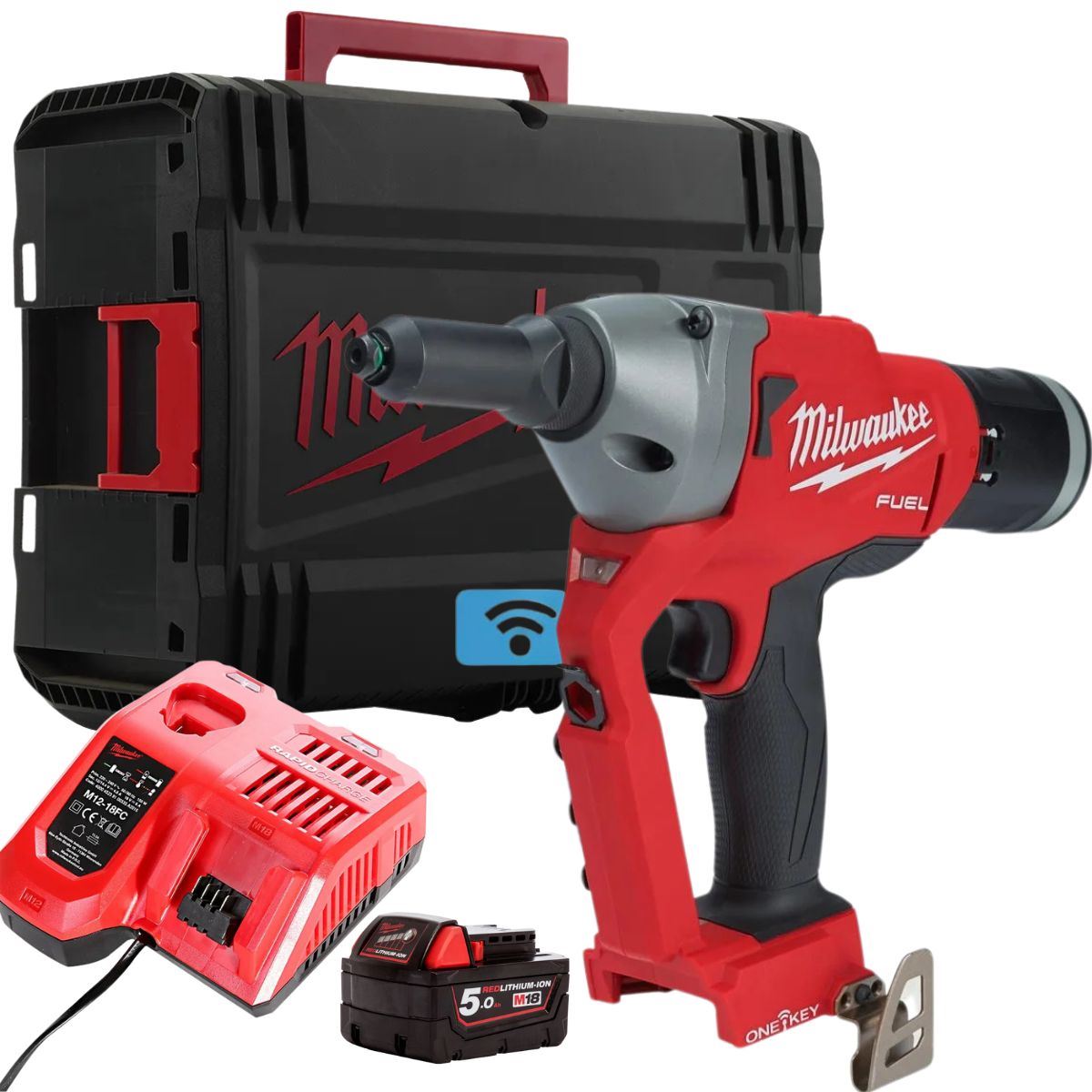 Milwaukee M18ONEFPRT-0X 18V FUEL ONE-KEY Brushless Rivet Gun with 1 x 5.0Ah Battery Charger & Case