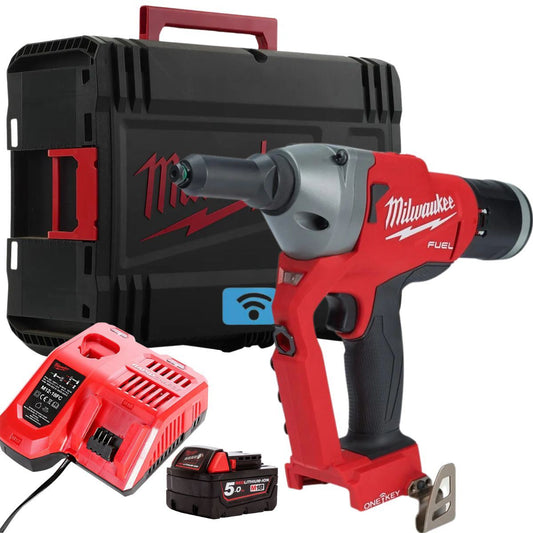 Milwaukee M18ONEFPRT-0X 18V FUEL ONE-KEY Brushless Rivet Gun with 1 x 5.0Ah Battery Charger & Case