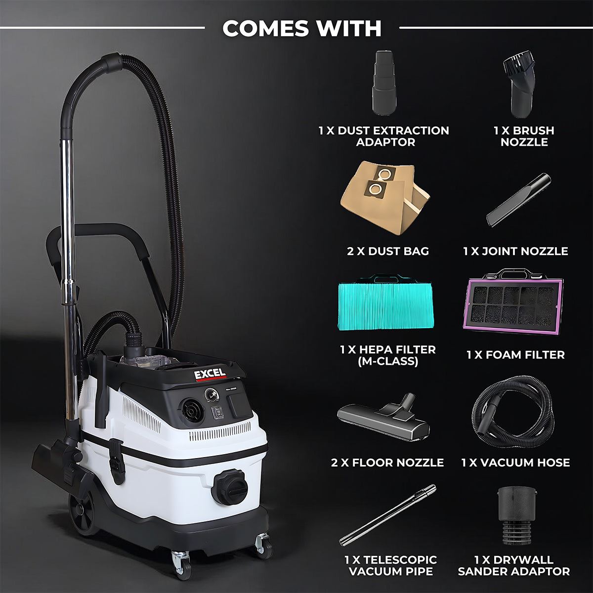 Excel 30L Mobile Dust Extractor Wet & Dry Vacuum Cleaner 240V/1600W