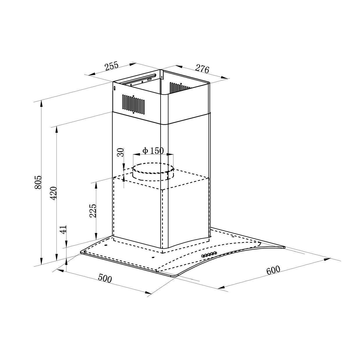 Sealey DH128 Baridi Curved Glass Cooker Hood with Carbon Filters & LED Lights 60cm Stainless Steel
