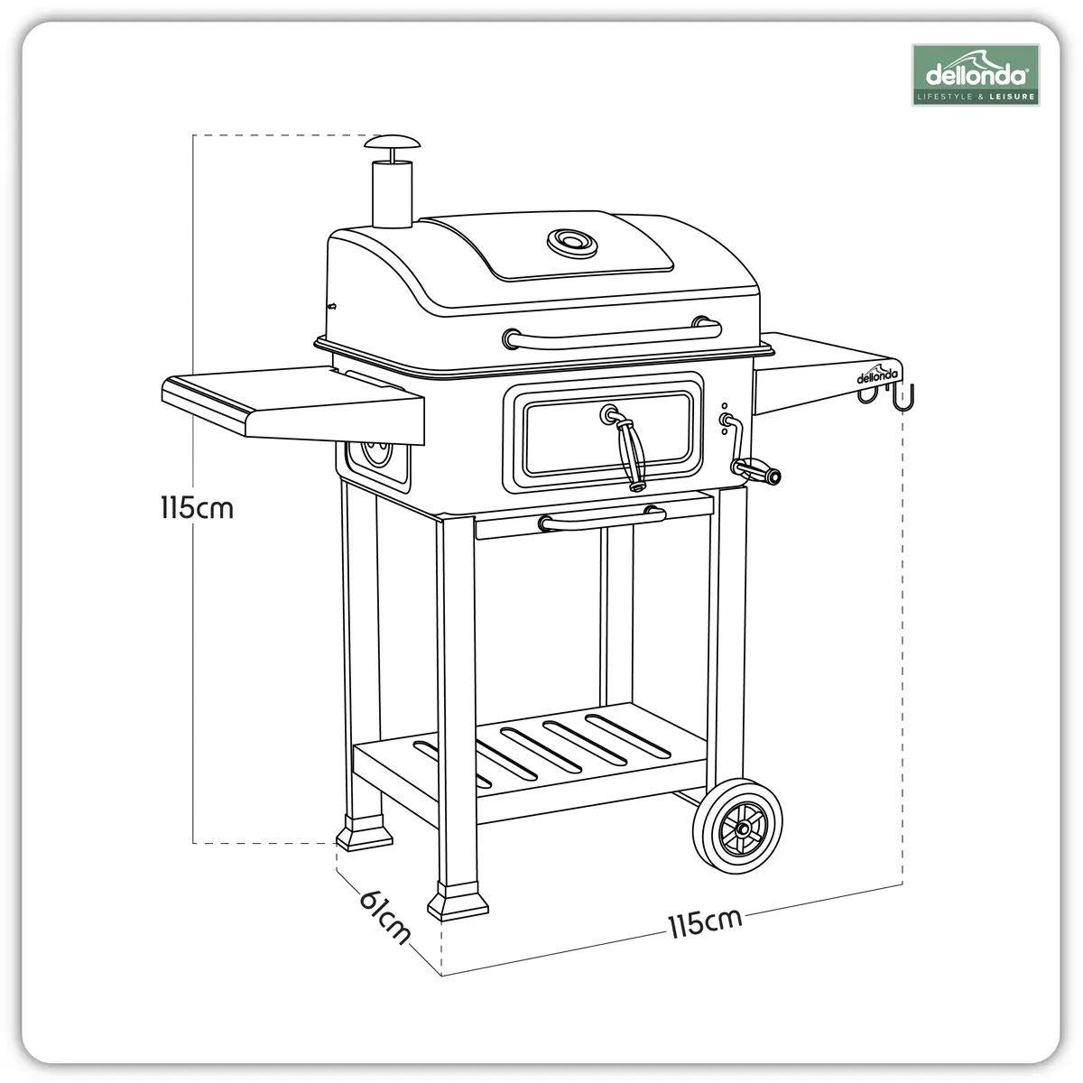 Sealey DG283 Dellonda Charcoal Grill BBQ Smoker and Trolley with 2 Side Shelves Black
