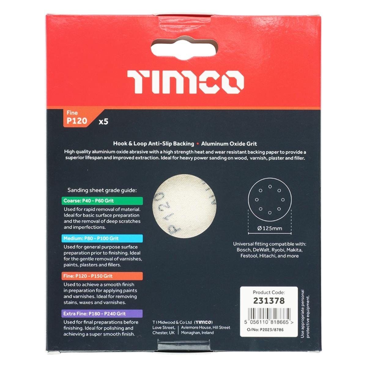 Timco 125mm Hook & Loop Random Orbital Sanding Discs 120 Grit Pack of 5 - 231378