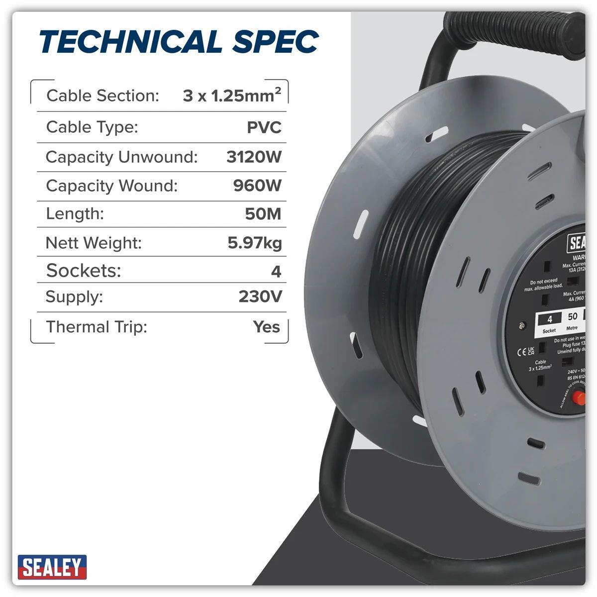 Sealey BCR50 Cable Reel 50m 4 x 230V/960W
