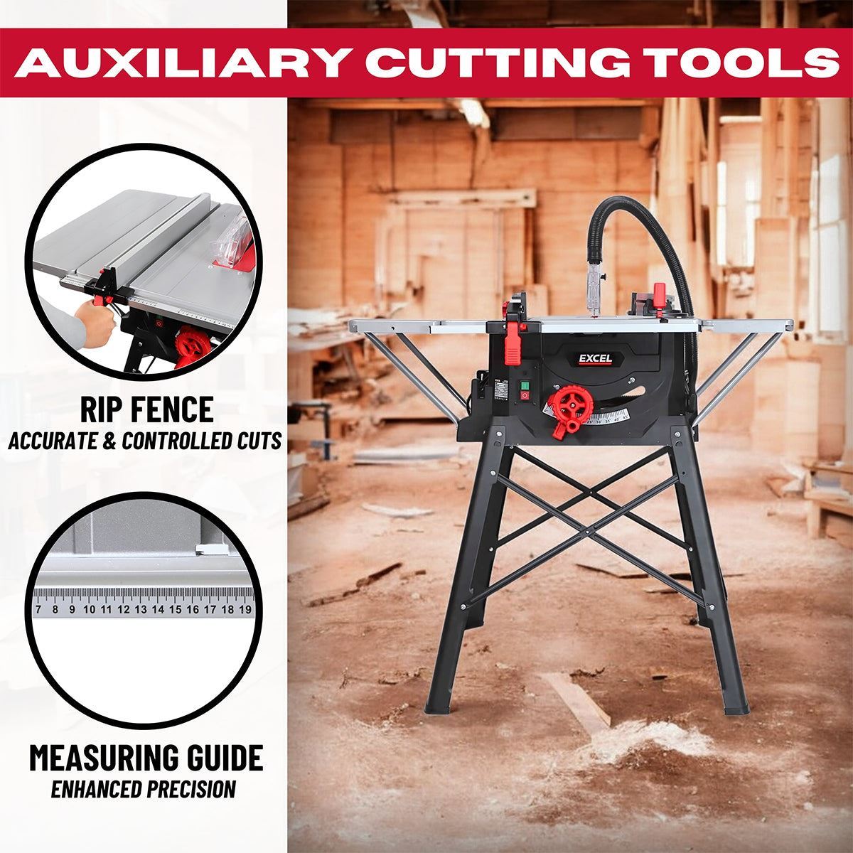 Excel 255mm Table Saw with Dust Extractor 50L Vacuum Cleaner 240V