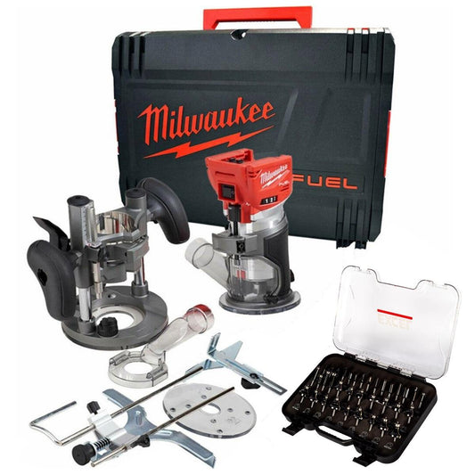 Milwaukee M18FTR-0 18V Brushless Trim Router in Case + 1/4" 35 Piece Cutter Set