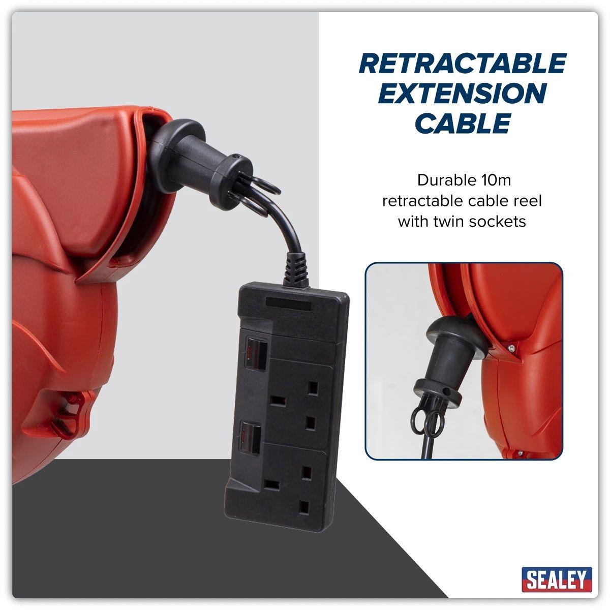 Sealey CRM10 Cable Reel System Retractable 10m 2 x 230V Socket