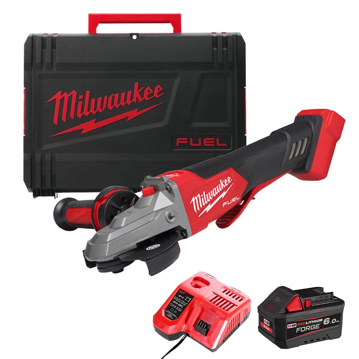 Milwaukee M18FSAGF125XPDB-0X 18V FUEL 125mm Flathead Angle Grinder with 1 x 6.0Ah Battery Charger & Case
