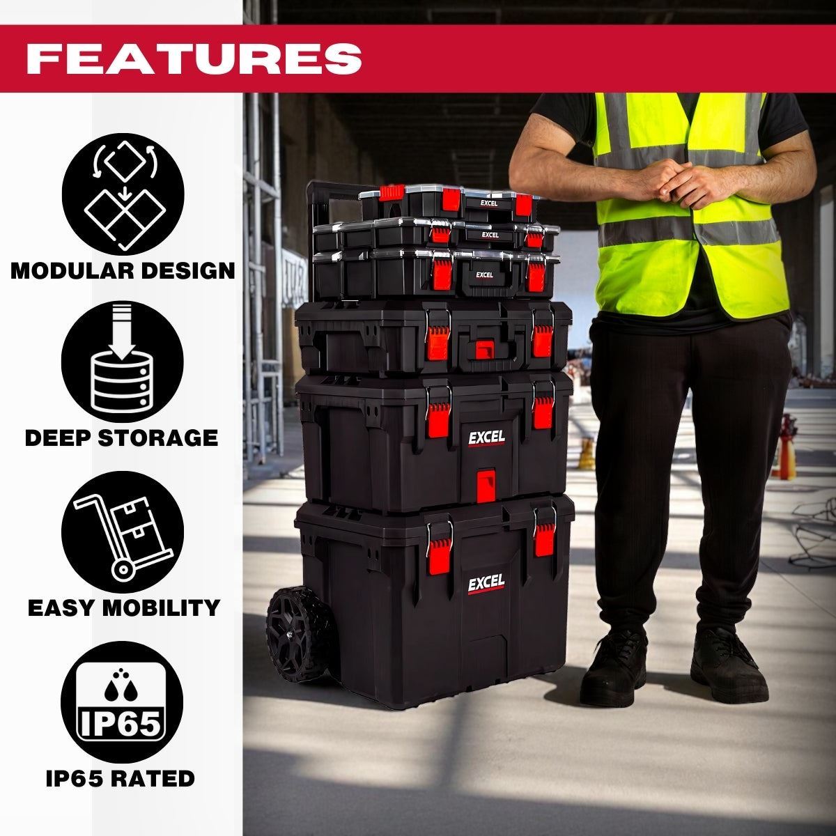 Excel Modular Tool Box Heavy Duty Mobile Storage 6 Piece Set with Organiser & Wheels