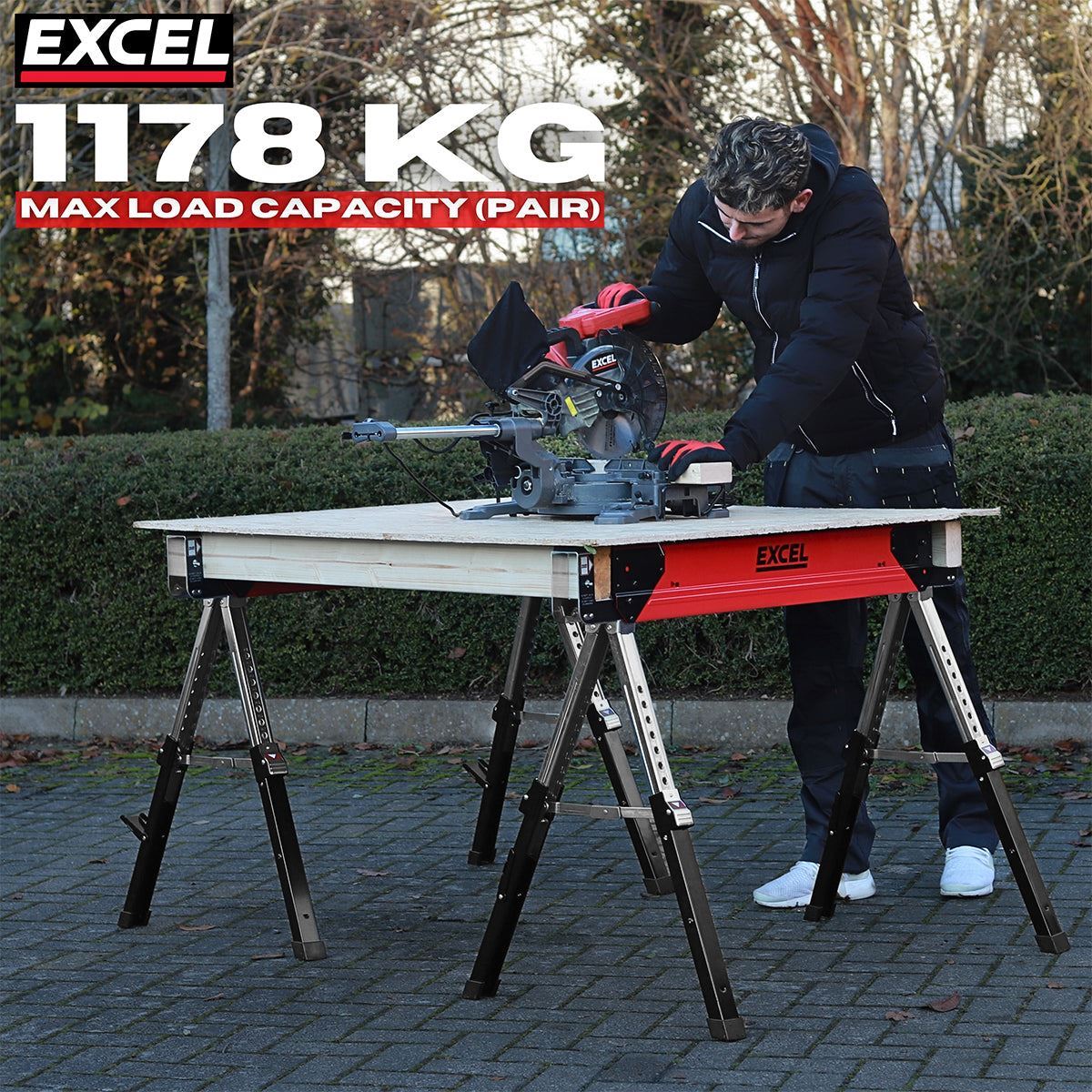Excel Steel Sawhorse Heavy Duty Adjustable Legs Twin Pack 1178Kg Capacity
