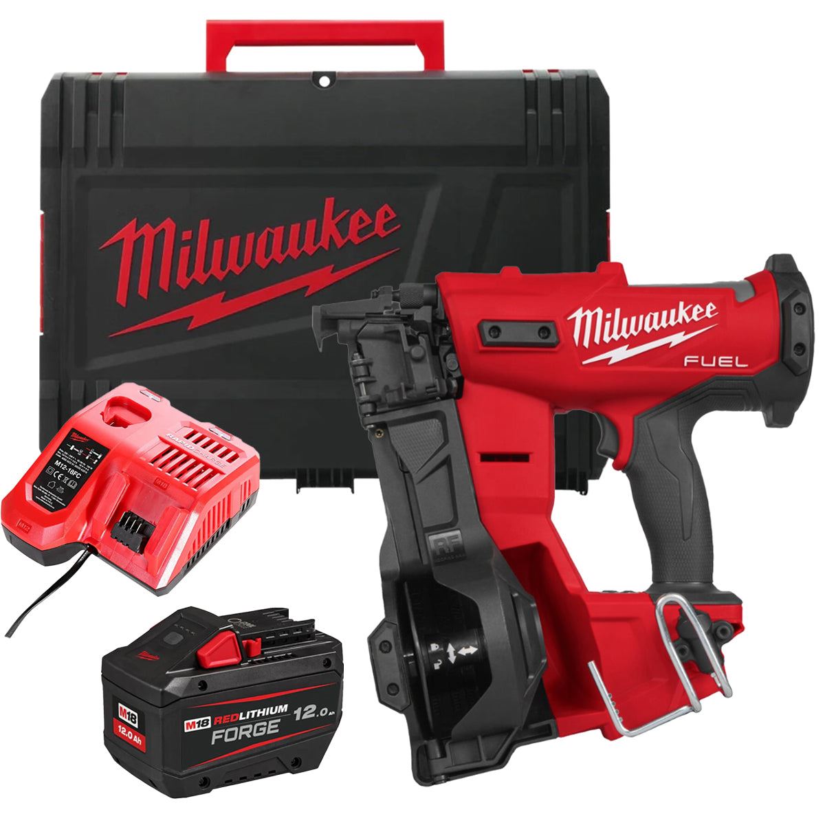 Milwaukee M18FRCN45-0X 18V FUEL Brushless Roofing Coil Nailer with 1 x 12.0Ah Battery Charger & Case