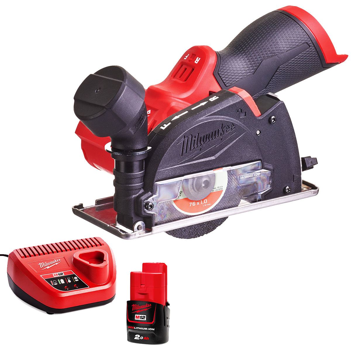 Milwaukee M12FCOT-0 12V Fuel Brushless 76mm Multi-Material Cut-off Saw with 1 x 2.0Ah Battery & Charger