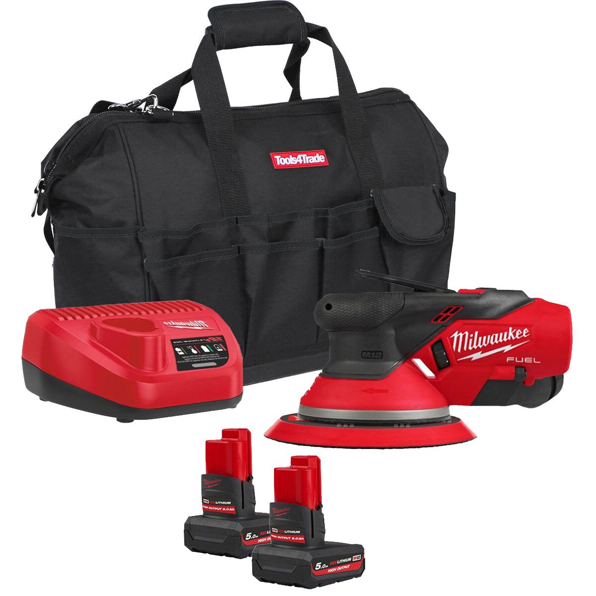 Milwaukee M12FROS5-502B 12V FUEL Brushless Random Orbit Sander with 2 x 5.0Ah Battery Charger & Bag