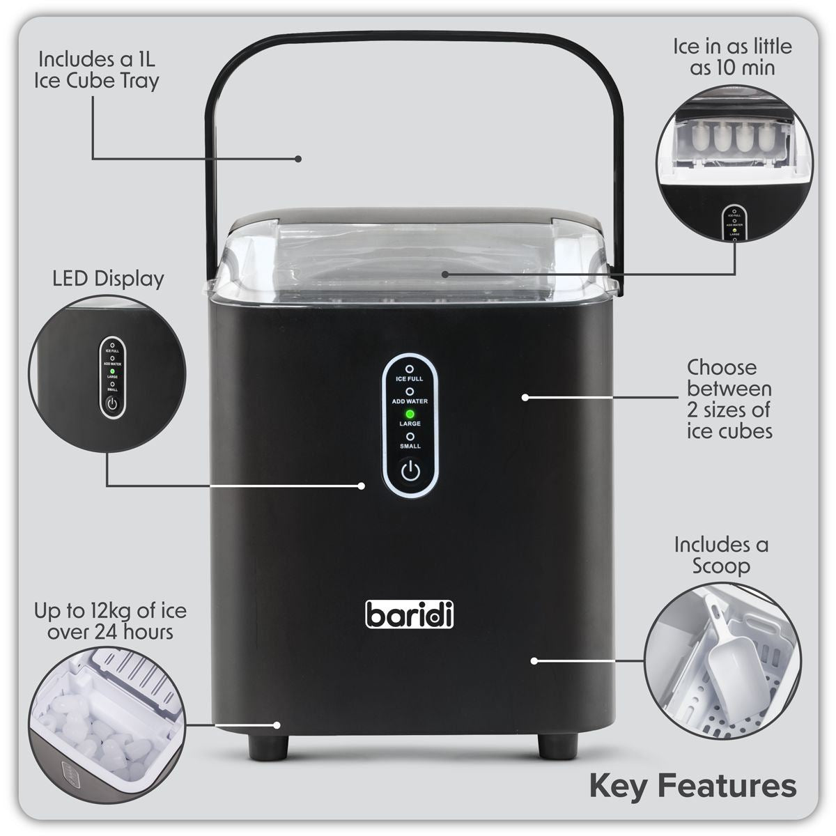 Sealey DH52 Baridi Ice Cube Maker with LED Display & 10 Minute Freeze