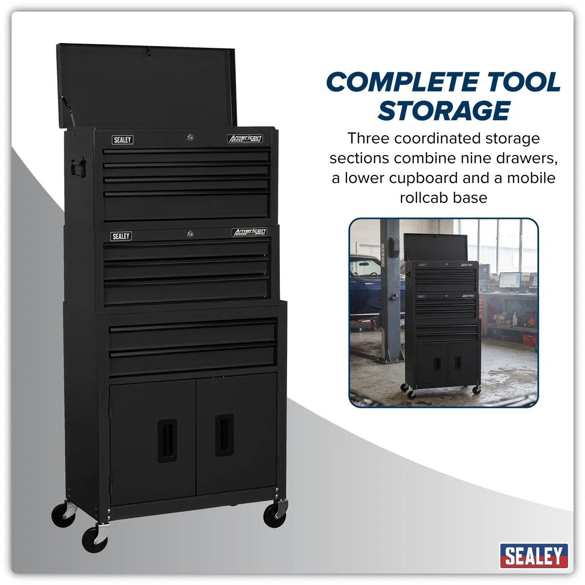 Sealey AP2200BKSTACK American PRO Topchest, Mid-Box Tool Chest & Rollcab Stack 9 Drawer Black