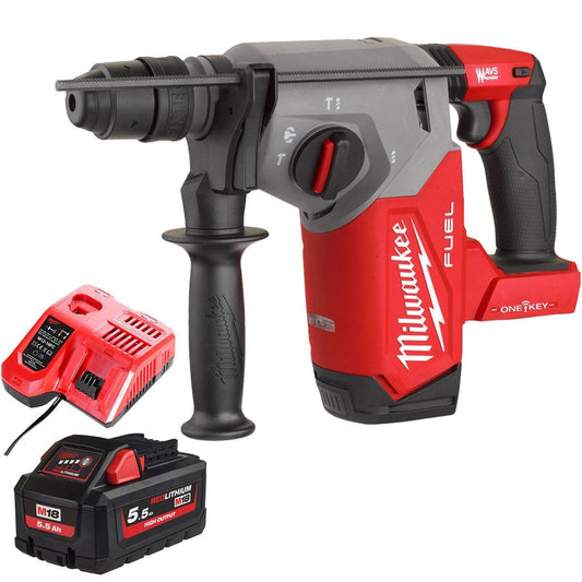 Milwaukee M18ONEFHX-0 18V Brushless 4-Mode 26mm SDS-Plus Hammer Drill with 1 x 5.5Ah Battery & Charger